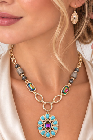 Turquoise Iridescent Medallion Pendant Necklace Set