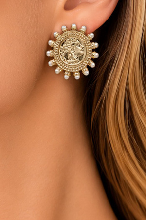 Vintage Coin Pearl Accent Stud Earrings