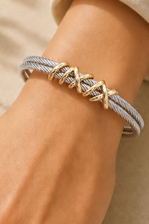 Two-Tone Double Crystal Open Bangle Bracelet